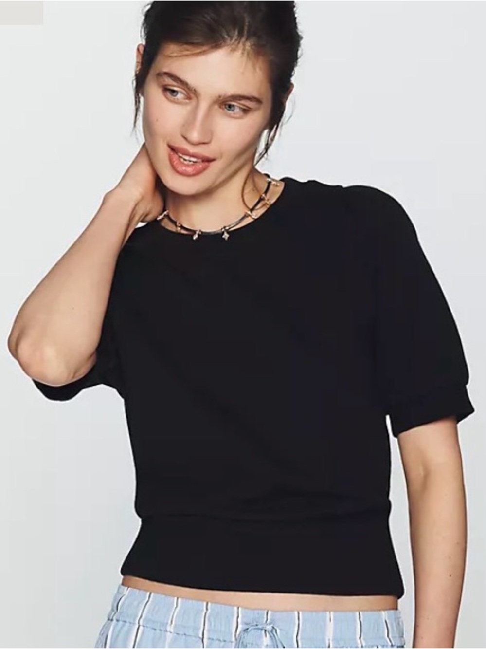 Anthropologie Black V-Neck Puff Sleeve Top